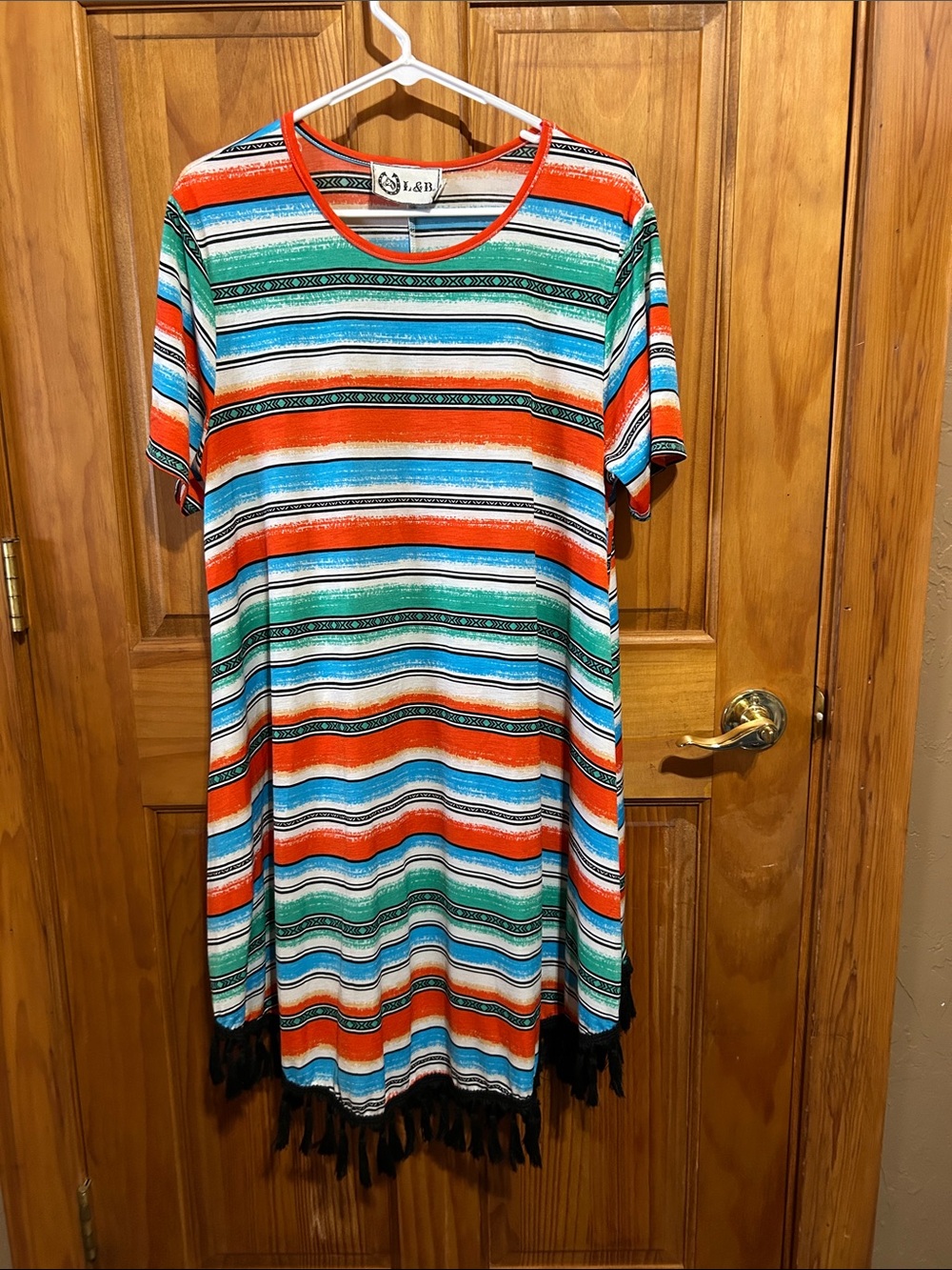 L&B Striped Short Sleeve Fringe Hem Dress in Orange, Turquoise & Green